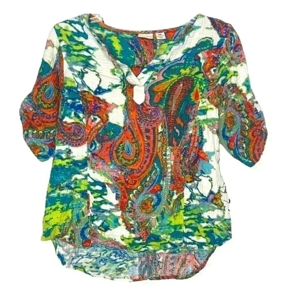 Westbound Womens Blouse White Green Paisley 3/4 Sleeve Notch Neck Top